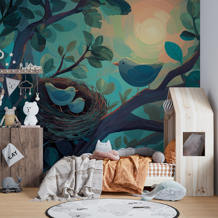 Papel de parede quarto bebê | Pássaros em um ninho sob um céu brilhante