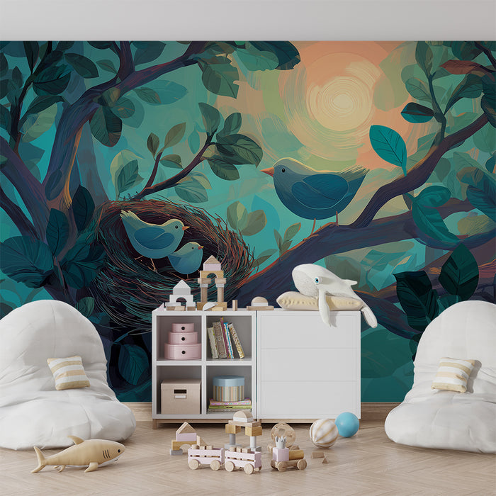 Papel de parede quarto bebê | Pássaros em um ninho sob um céu brilhante