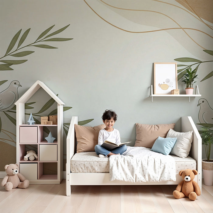 Papel pintado habitación bebé | Pájaros delicados y follaje relajante sobre fondo suave