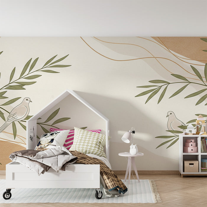Papel pintado habitación bebé | Pájaros delicados y follaje relajante sobre fondo suave