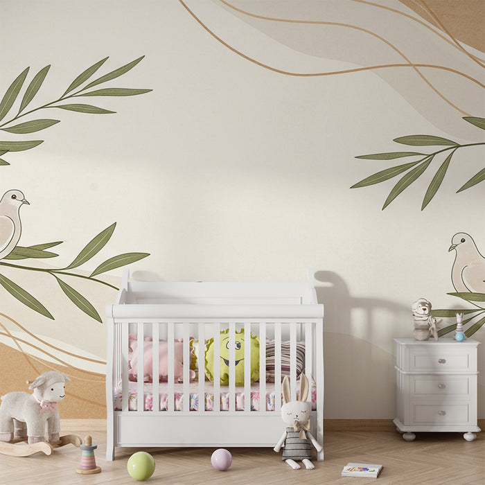 Papel pintado habitación bebé | Pájaros delicados y follaje relajante sobre fondo suave