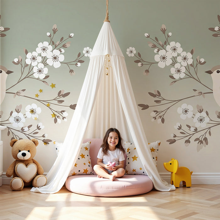 Papier peint chambre bébé | Oiseaux délicats et fleurs blanches sur fond doux