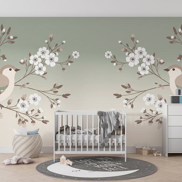 Papier peint chambre bébé | Oiseaux délicats et fleurs blanches sur fond doux