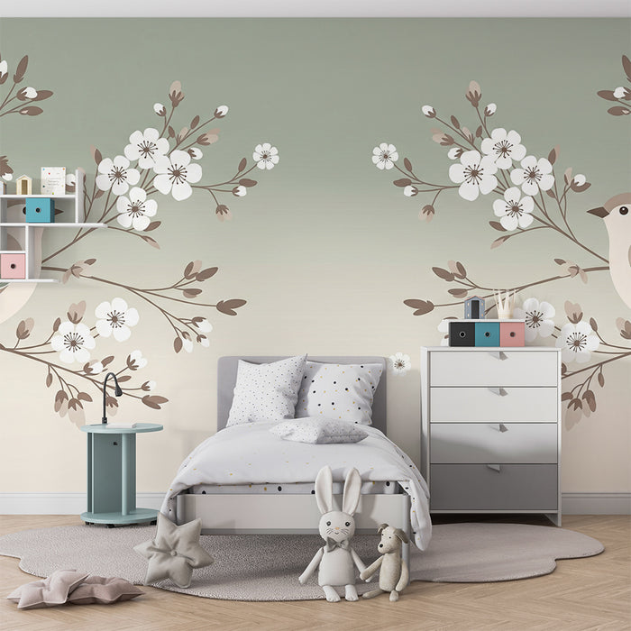 Papier peint chambre bébé | Oiseaux délicats et fleurs blanches sur fond doux