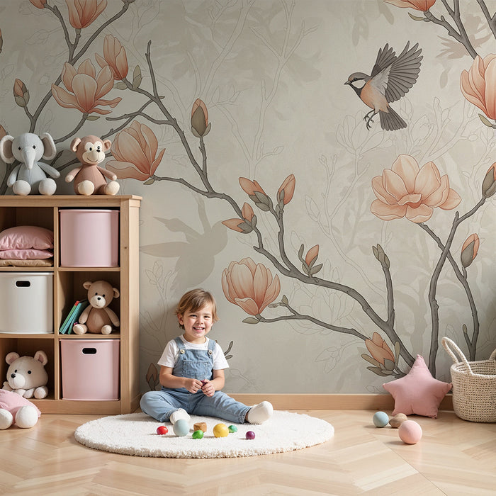 Papier peint chambre bébé | Oiseaux délicats et fleurs de magnolia sur fond doux