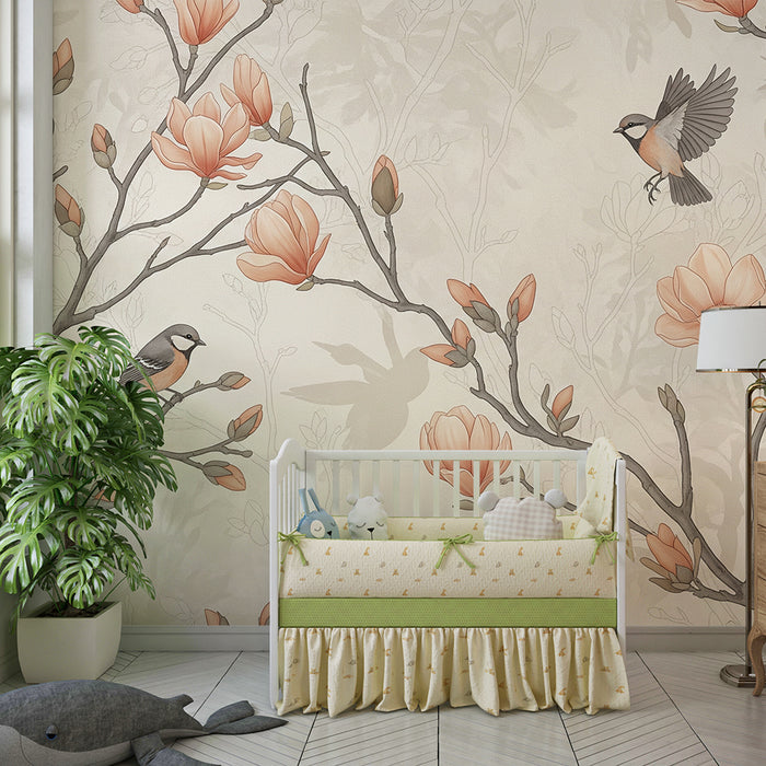Papier peint chambre bébé | Oiseaux délicats et fleurs de magnolia sur fond doux