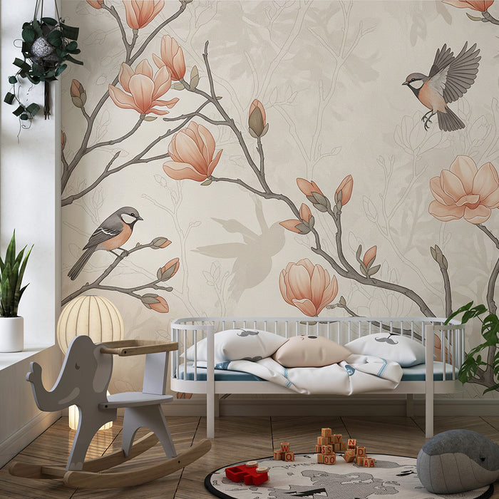 Papier peint chambre bébé | Oiseaux délicats et fleurs de magnolia sur fond doux