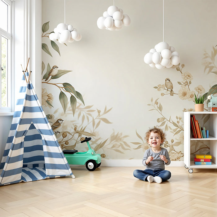 Papier peint chambre bébé | Oiseaux délicats et fleurs douces sur fond neutre