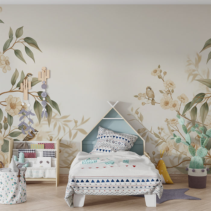 Papier peint chambre bébé | Oiseaux délicats et fleurs douces sur fond neutre
