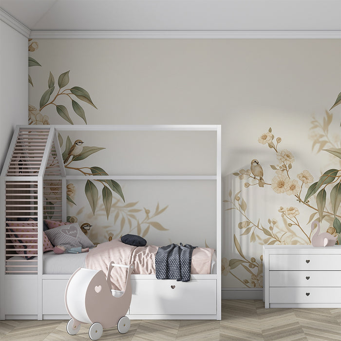Papier peint chambre bébé | Oiseaux délicats et fleurs douces sur fond neutre