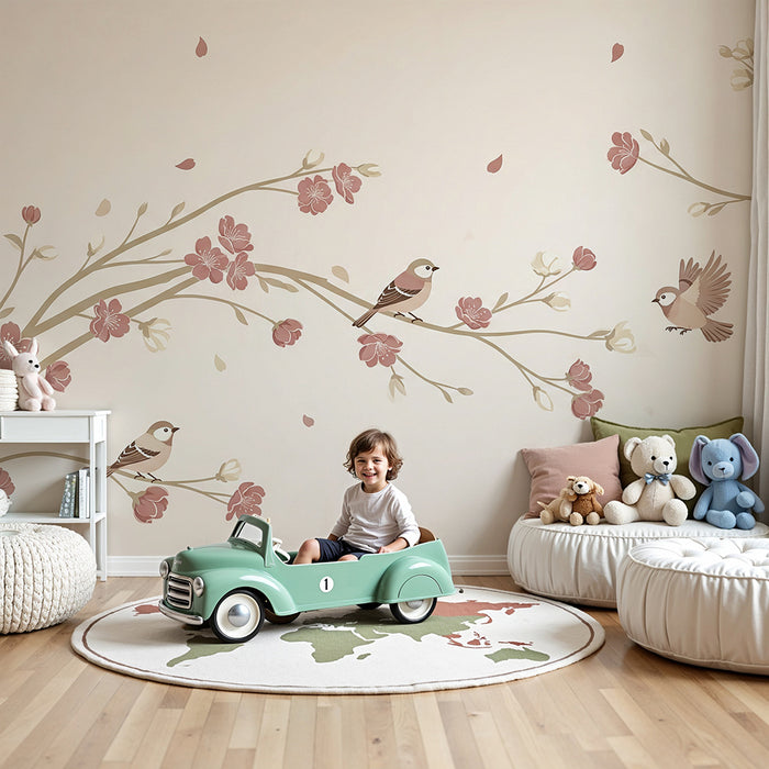 Papier peint chambre bébé | Oiseaux délicats et fleurs en fleurs sur fond doux