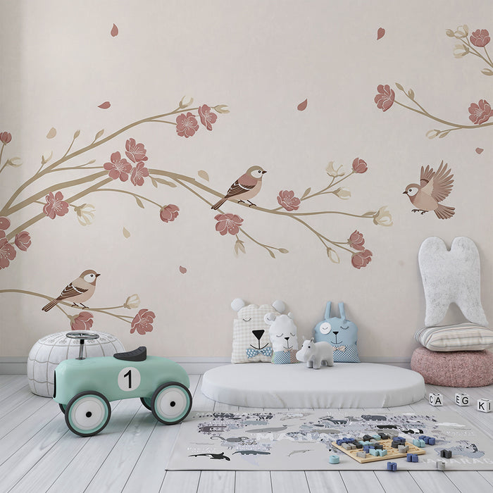 Papier peint chambre bébé | Oiseaux délicats et fleurs en fleurs sur fond doux