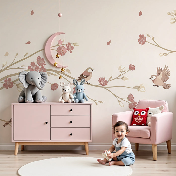 Papier peint chambre bébé | Oiseaux délicats et fleurs en fleurs sur fond doux