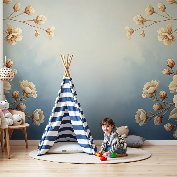 Behang babykamer | Fijne vogels en bloemen op een rustgevende blauwe achtergrond
