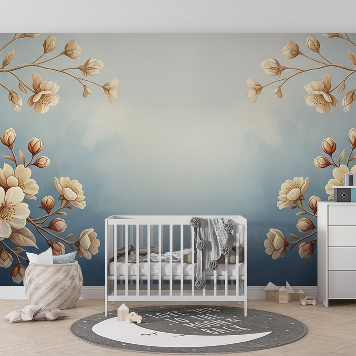 Behang babykamer | Fijne vogels en bloemen op een rustgevende blauwe achtergrond
