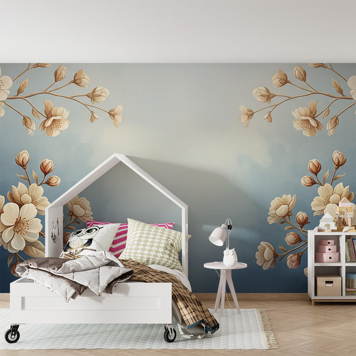 Behang babykamer | Fijne vogels en bloemen op een rustgevende blauwe achtergrond