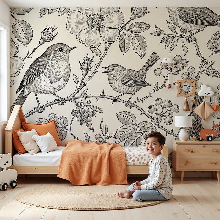 Behang voor de babykamer | Fijne vogels en bloemen op een zachte achtergrond