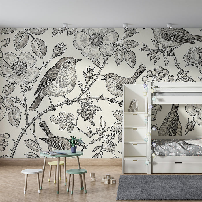 Behang voor de babykamer | Fijne vogels en bloemen op een zachte achtergrond