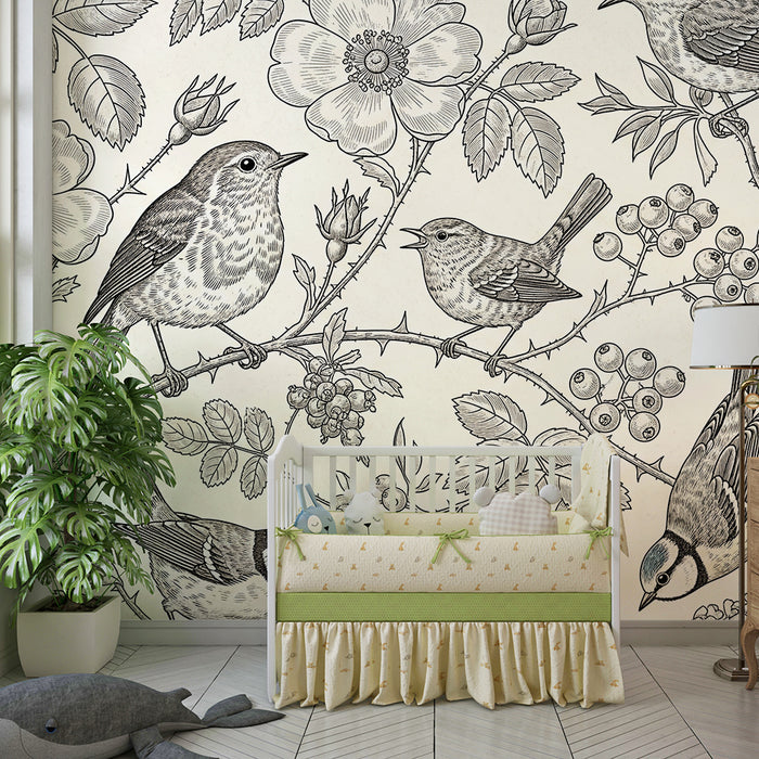 Behang voor de babykamer | Fijne vogels en bloemen op een zachte achtergrond
