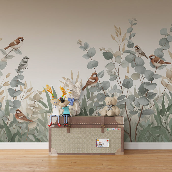 Papel pintado para habitación de bebé | Pájaros delicados posados entre follajes suaves