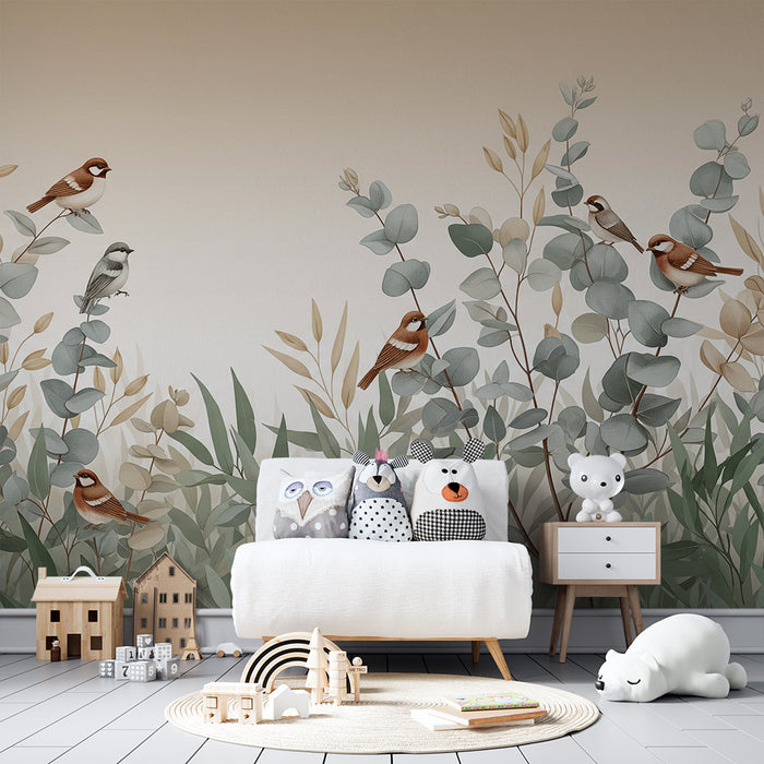 Papel pintado para habitación de bebé | Pájaros delicados posados entre follajes suaves