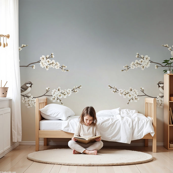 Papier peint chambre bébé | Oiseaux délicats perchés sur branches fleuries