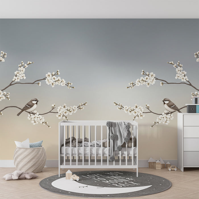 Papier peint chambre bébé | Oiseaux délicats perchés sur branches fleuries