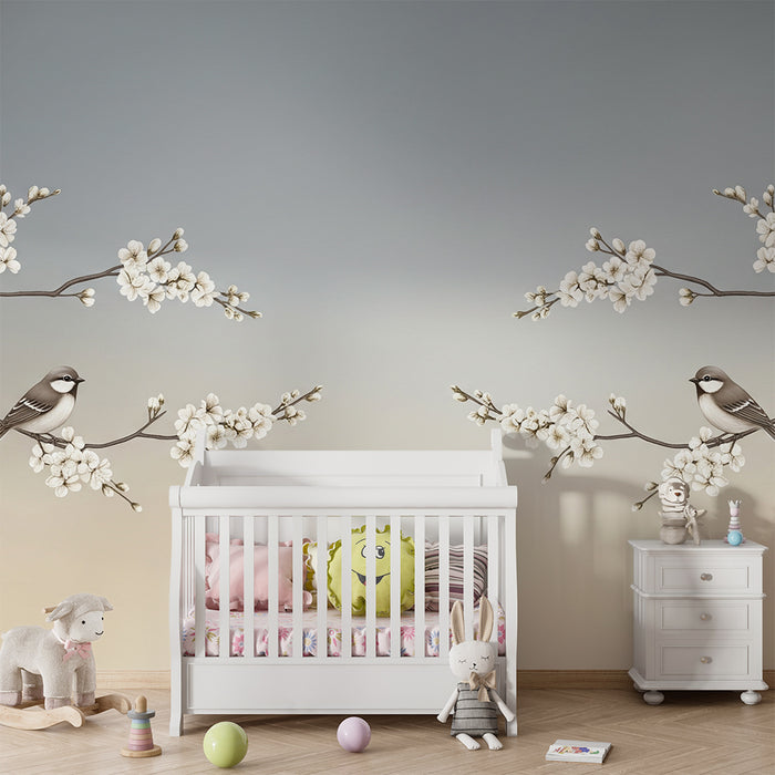 Papier peint chambre bébé | Oiseaux délicats perchés sur branches fleuries