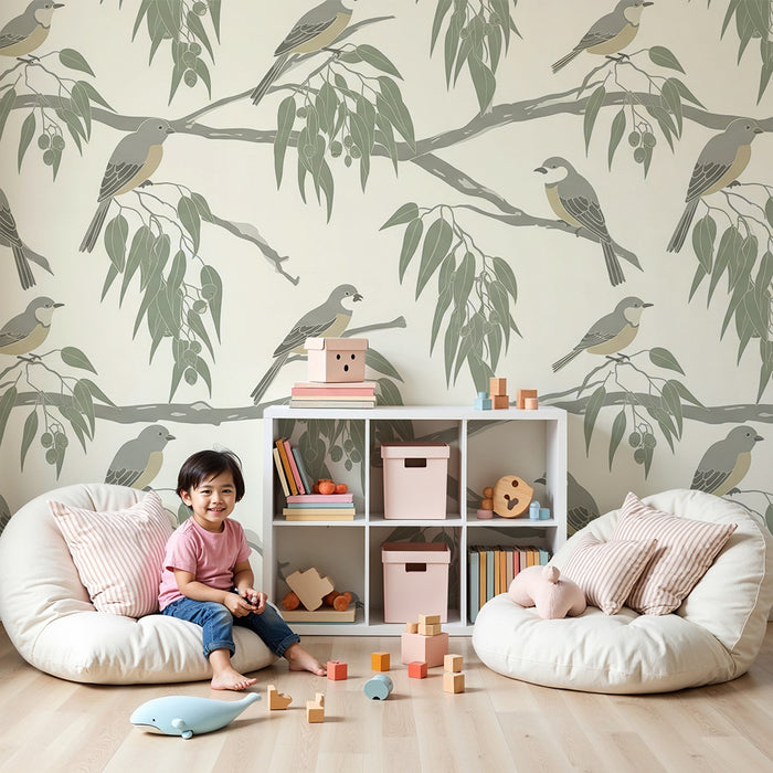Papier peint chambre bébé | Oiseaux délicats perchés sur des branches de feuillage