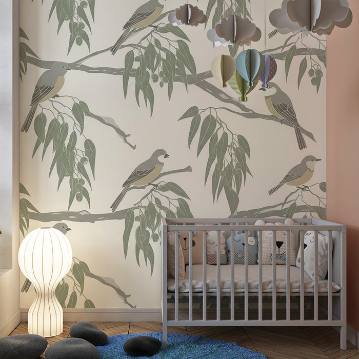 Papier peint chambre bébé | Oiseaux délicats perchés sur des branches de feuillage