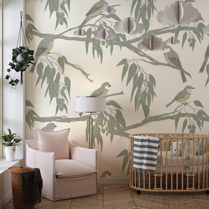 Papier peint chambre bébé | Oiseaux délicats perchés sur des branches de feuillage