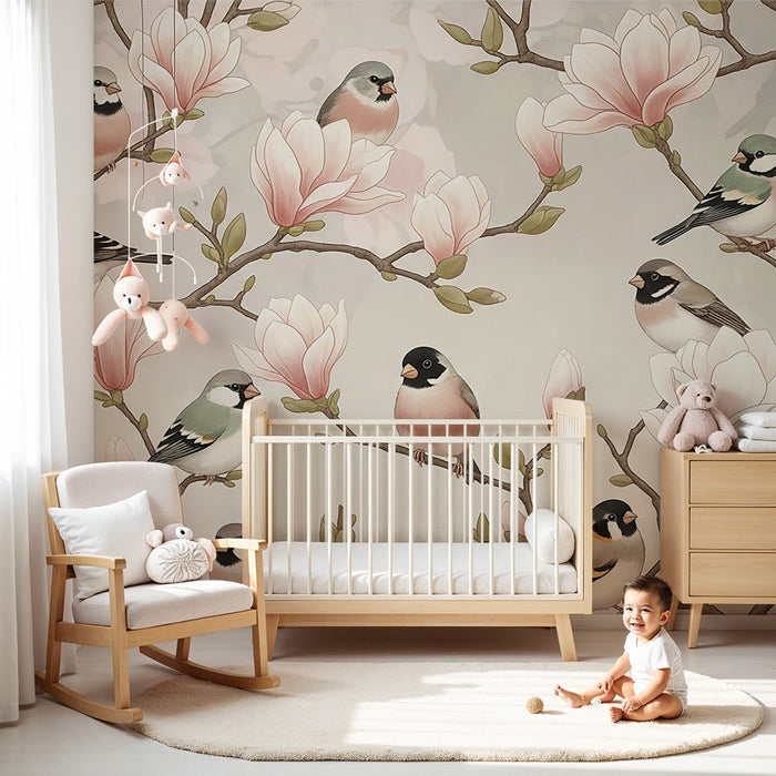 Papel pintado para habitación de bebé | Pájaros delicados posados en ramas de magnolia