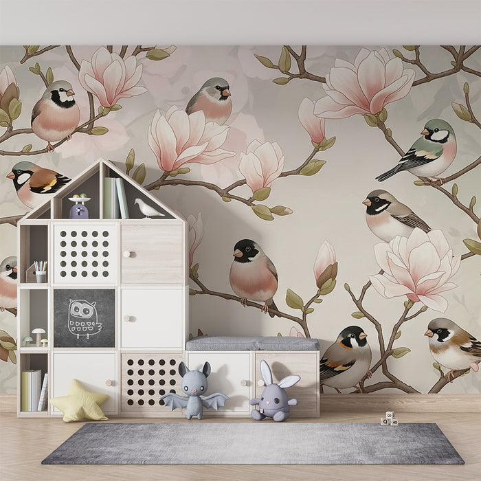Papel pintado para habitación de bebé | Pájaros delicados posados en ramas de magnolia