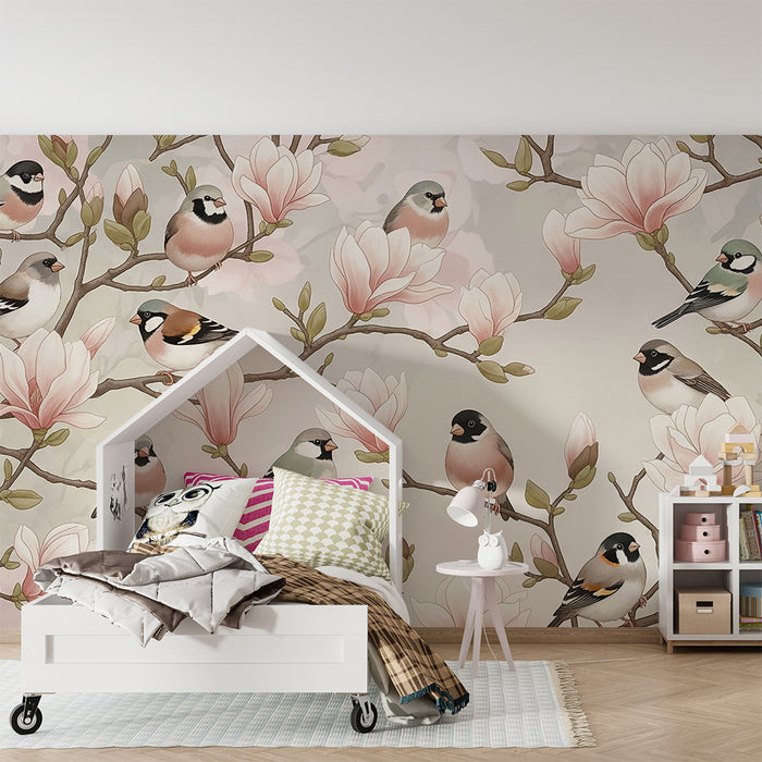 Papel pintado para habitación de bebé | Pájaros delicados posados en ramas de magnolia