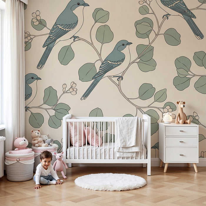 Papier peint chambre bébé | Oiseaux délicats perchés sur des branches feuillues