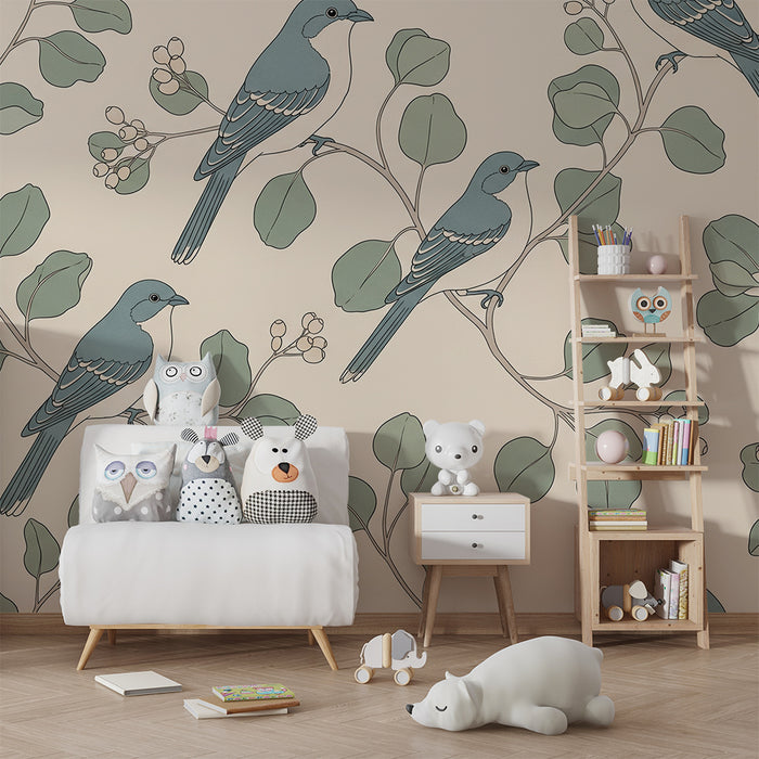 Papier peint chambre bébé | Oiseaux délicats perchés sur des branches feuillues