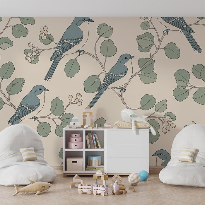 Papier peint chambre bébé | Oiseaux délicats perchés sur des branches feuillues