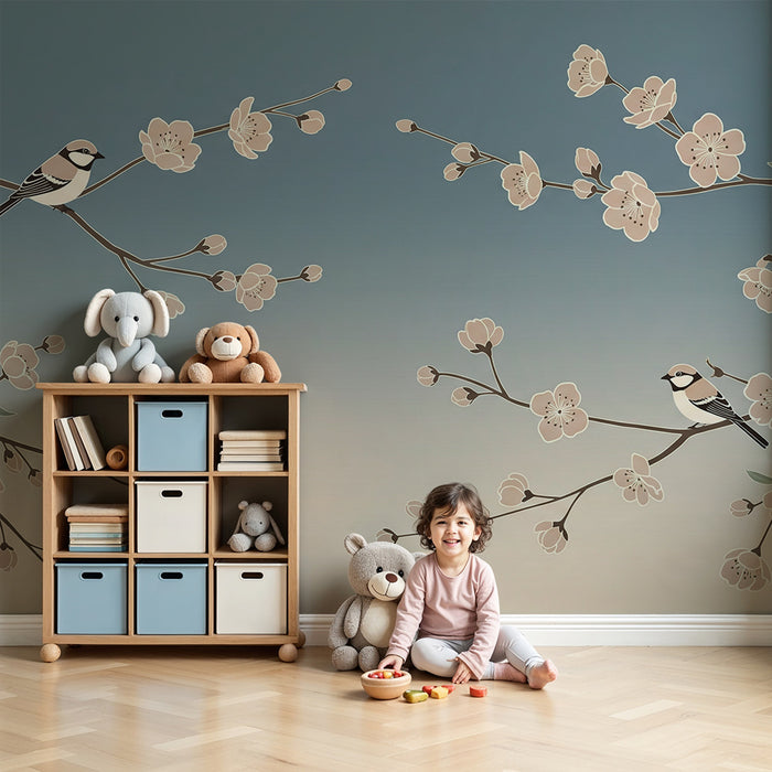 Papier peint chambre bébé | Oiseaux délicats perchés sur des branches fleuries