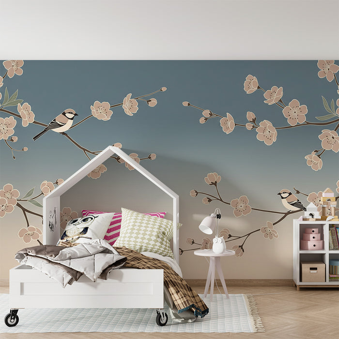 Papier peint chambre bébé | Oiseaux délicats perchés sur des branches fleuries
