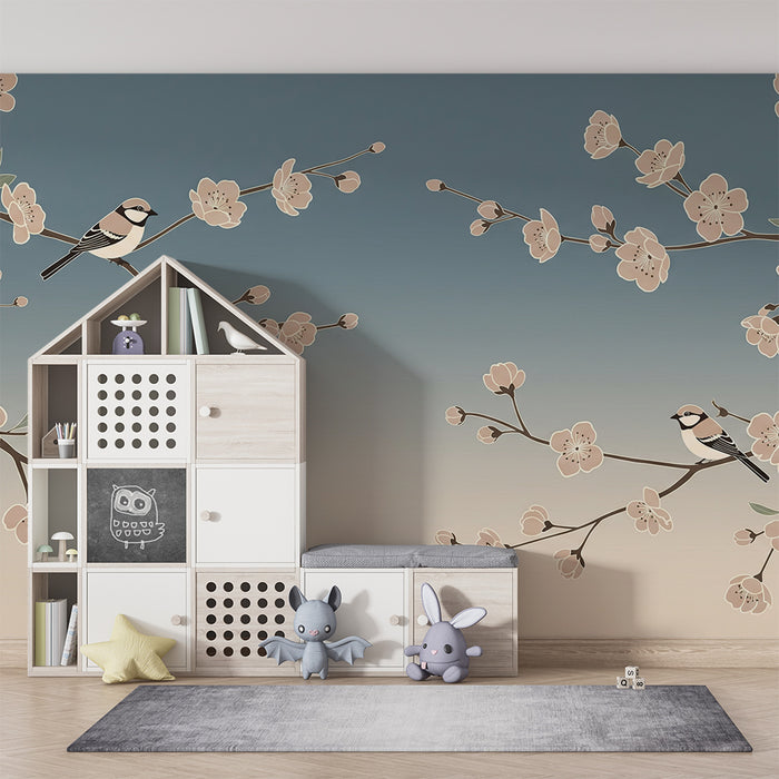 Papier peint chambre bébé | Oiseaux délicats perchés sur des branches fleuries