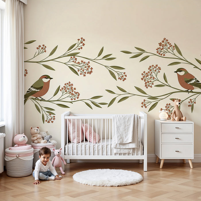 Papier peint chambre bébé | Oiseaux délicats posés sur des branches fleuries