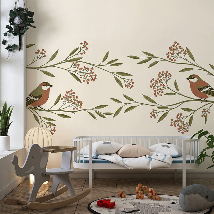 Papier peint chambre bébé | Oiseaux délicats posés sur des branches fleuries