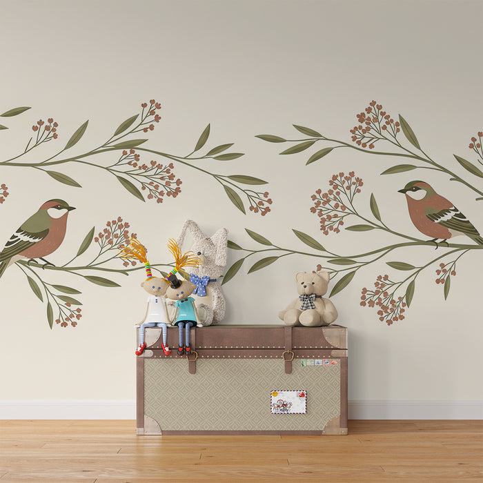 Papier peint chambre bébé | Oiseaux délicats posés sur des branches fleuries