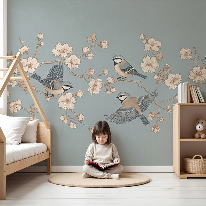 Papier peint chambre bébé | Oiseaux délicats sur branches en fleurs