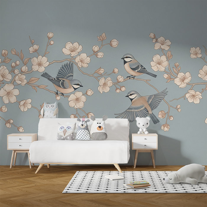 Papier peint chambre bébé | Oiseaux délicats sur branches en fleurs