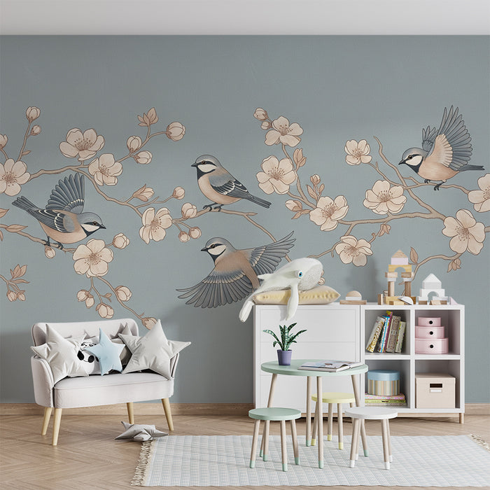 Papier peint chambre bébé | Oiseaux délicats sur branches en fleurs