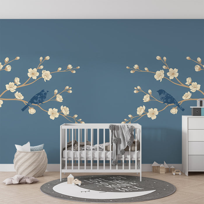Papier peint chambre bébé | Oiseaux délicats sur branches fleuries