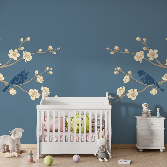 Papier peint chambre bébé | Oiseaux délicats sur branches fleuries