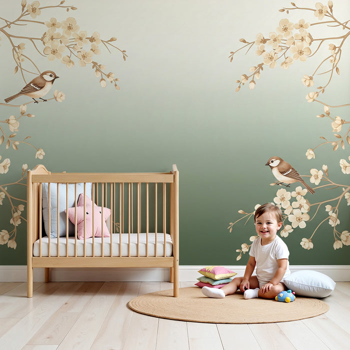 Papier peint chambre bébé | Oiseaux délicats sur branches fleuries au style doux