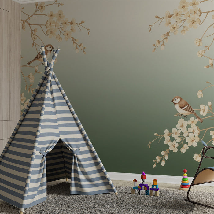 Papier peint chambre bébé | Oiseaux délicats sur branches fleuries au style doux